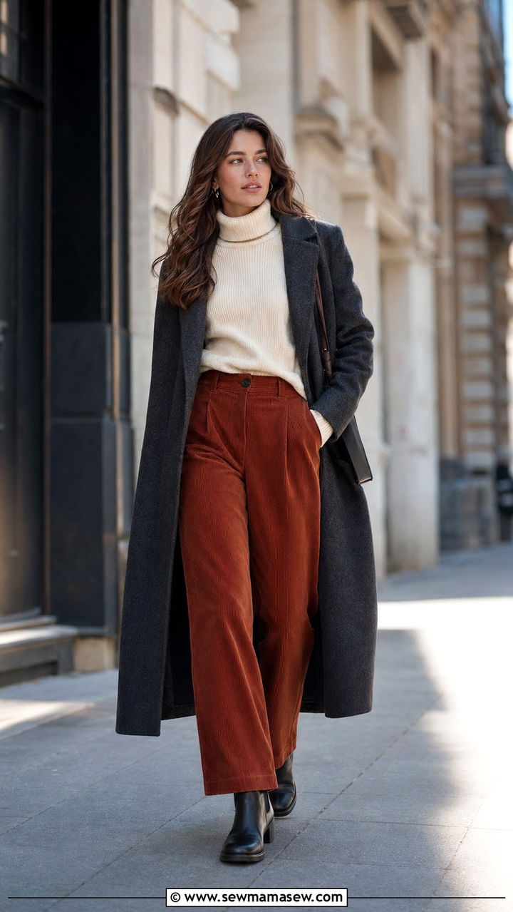 Corduroy trousers with a turtleneck and Chelsea boots - 35 Modest outfit ideas for office