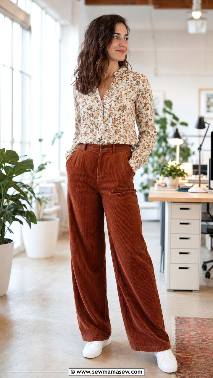 Corduroy trousers with patterned blouse and sneakers outfit - 35 Modest work outfit ideas