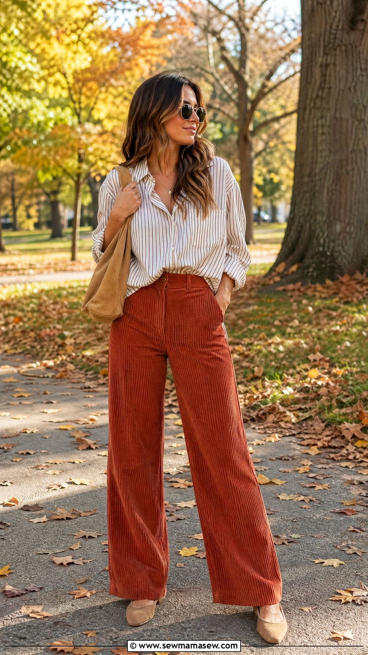 Corduroy wide leg pants with oversized shirt - 35 wide leg pants outfits
