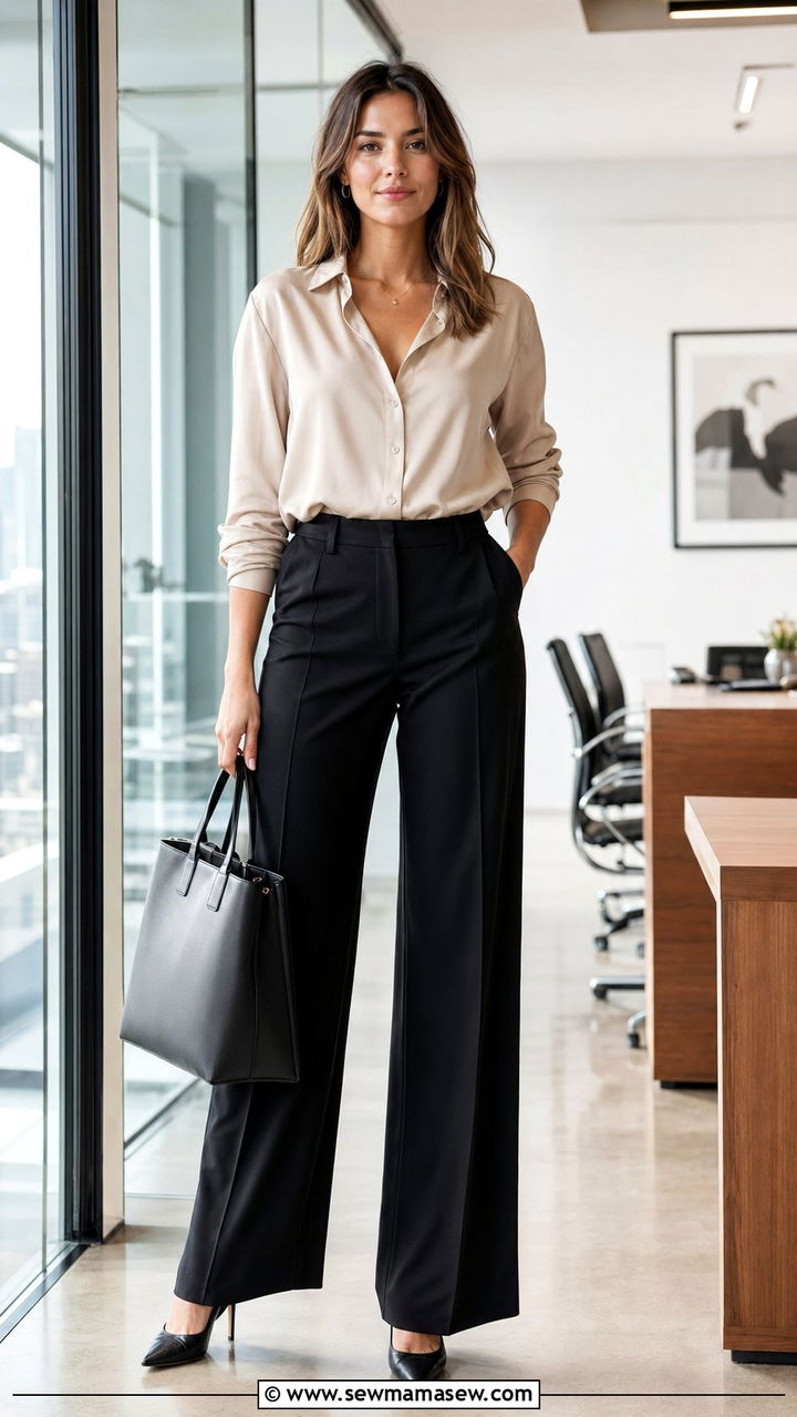 Corporate office silk blouse and wide leg trousers outfit - 35 Pinterest outfits