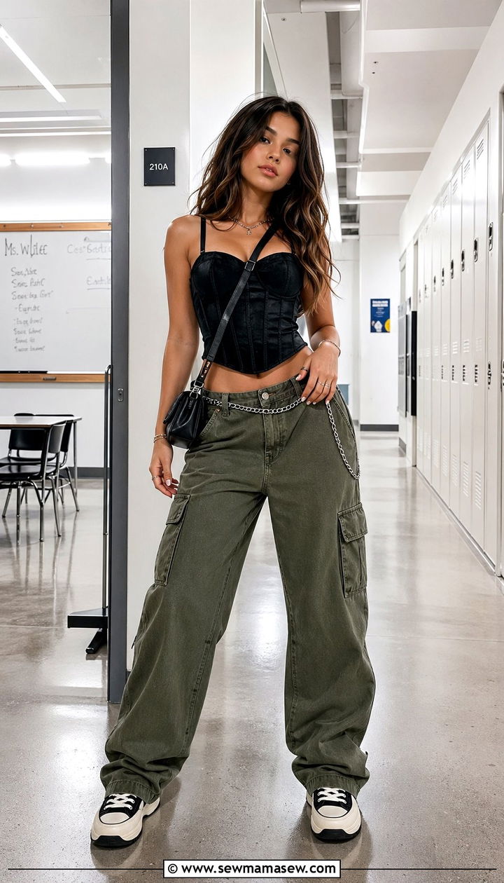 Corset Tank and Cargo Pants with Platform Shoes Outfit - 30 Back to school outfit ideas Y2K 2026