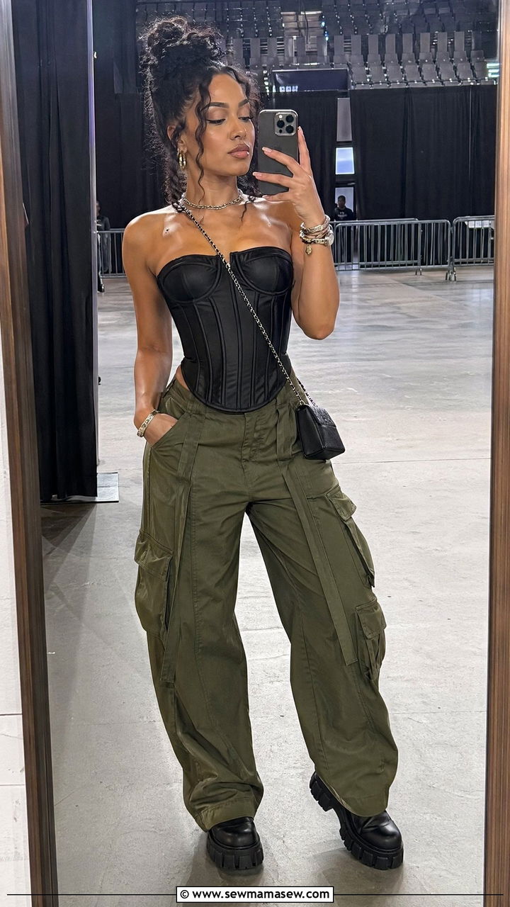 Corset Top With Wide Leg Cargo Pants - 35 concert outfit ideas for women