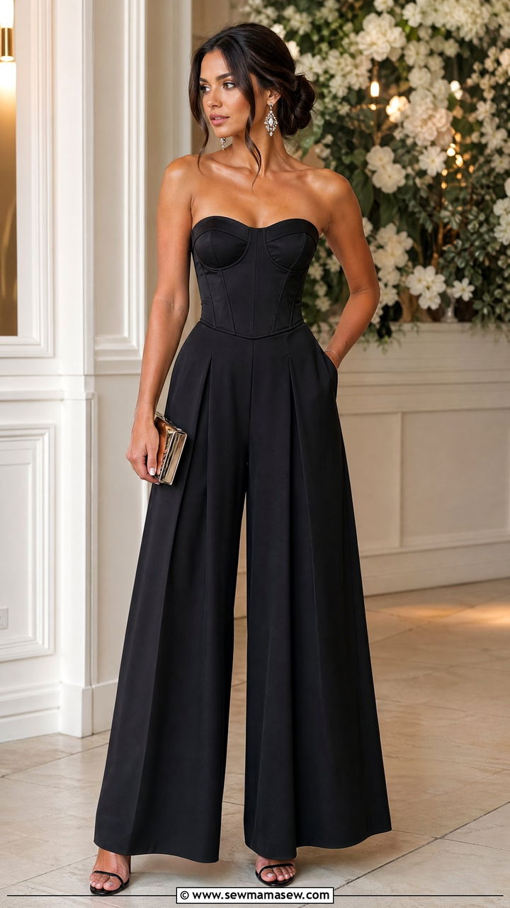 Corset Top and Wide Leg Palazzo Pants for Evening Wedding - 35 Wedding guest wide leg pants outfit ideas