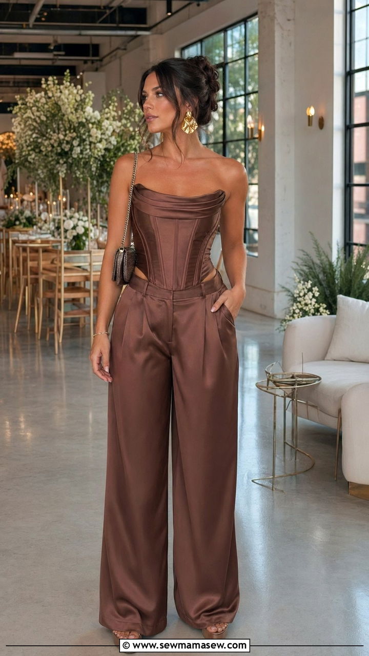 Corset Top and Wide Leg Trousers Wedding Guest Outfit - 30 wedding guest outfits Pinterest
