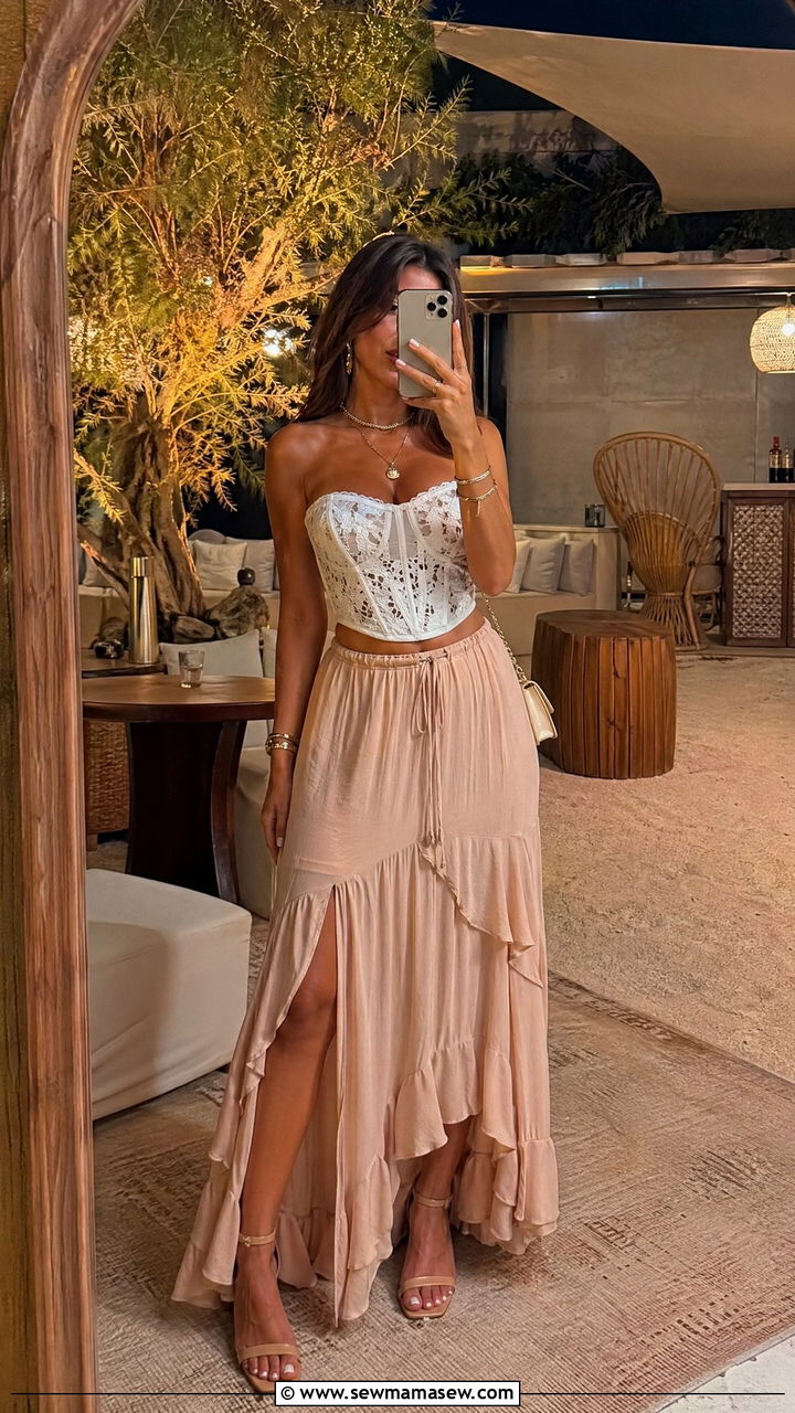 Corset Top with Flowy Maxi Skirt and Heeled Sandals - 35 cute festival outfits