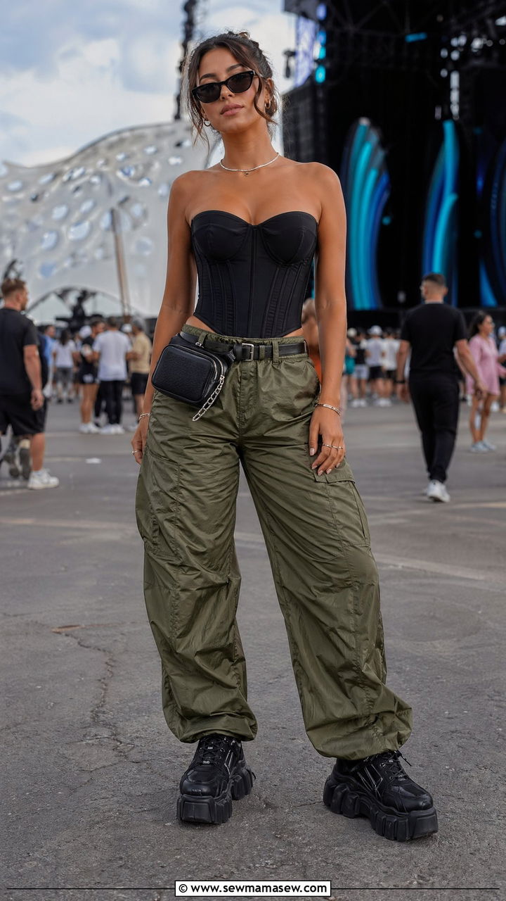 Corset Top with Parachute Cargo Pants - 35 Summer music festival outfits