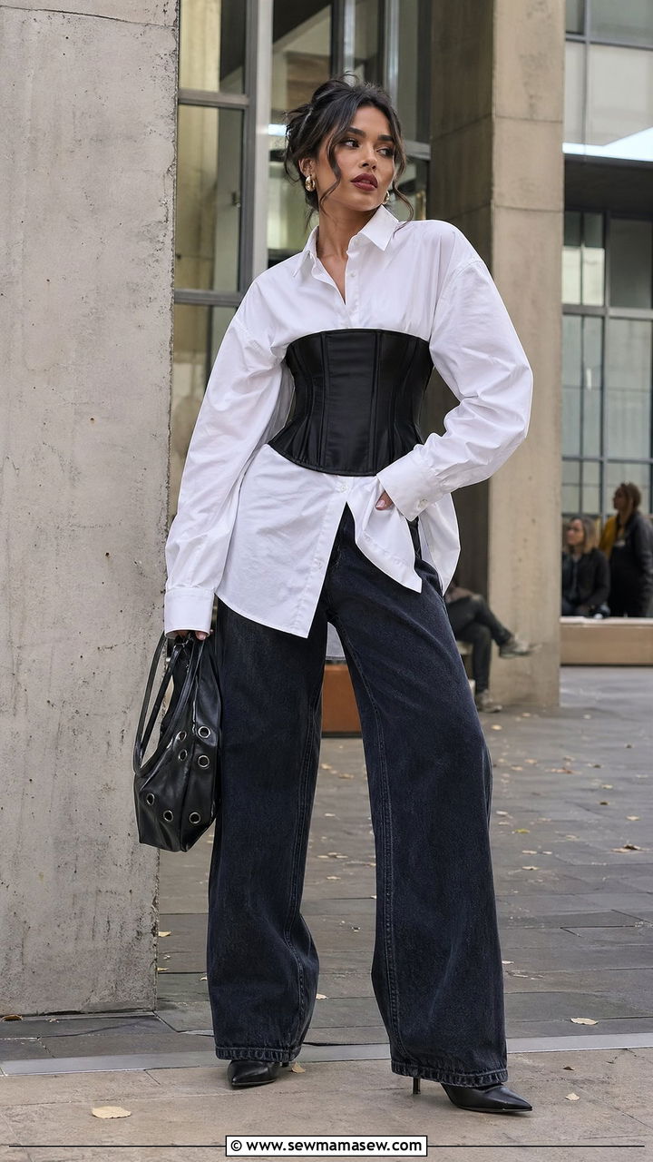 Corset style top over button down with wide leg jeans - 35 cute college outfits