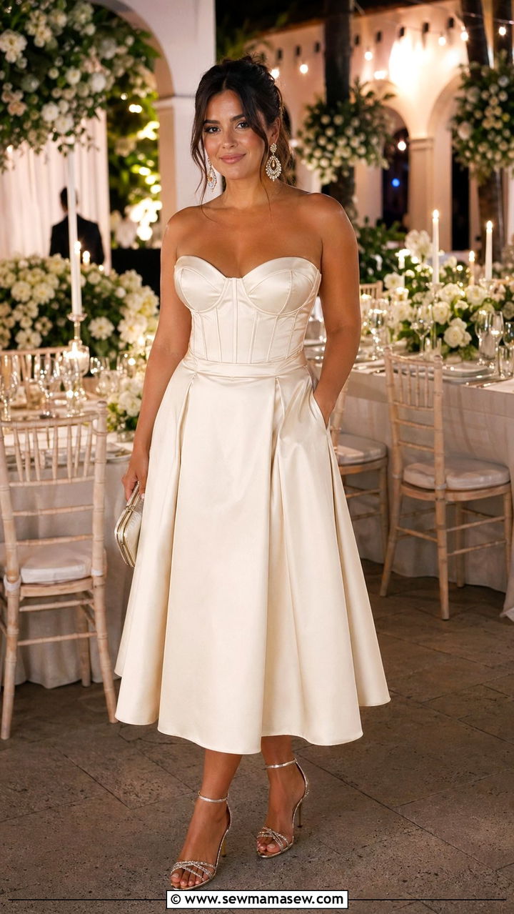 Corset top and A line midi skirt set - 30 wedding guest outfits for pear shaped body