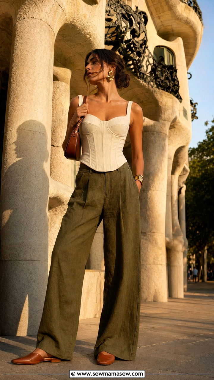 Corset top and wide leg trousers outfit Barcelona - 30 Barcelona vacation outfit ideas