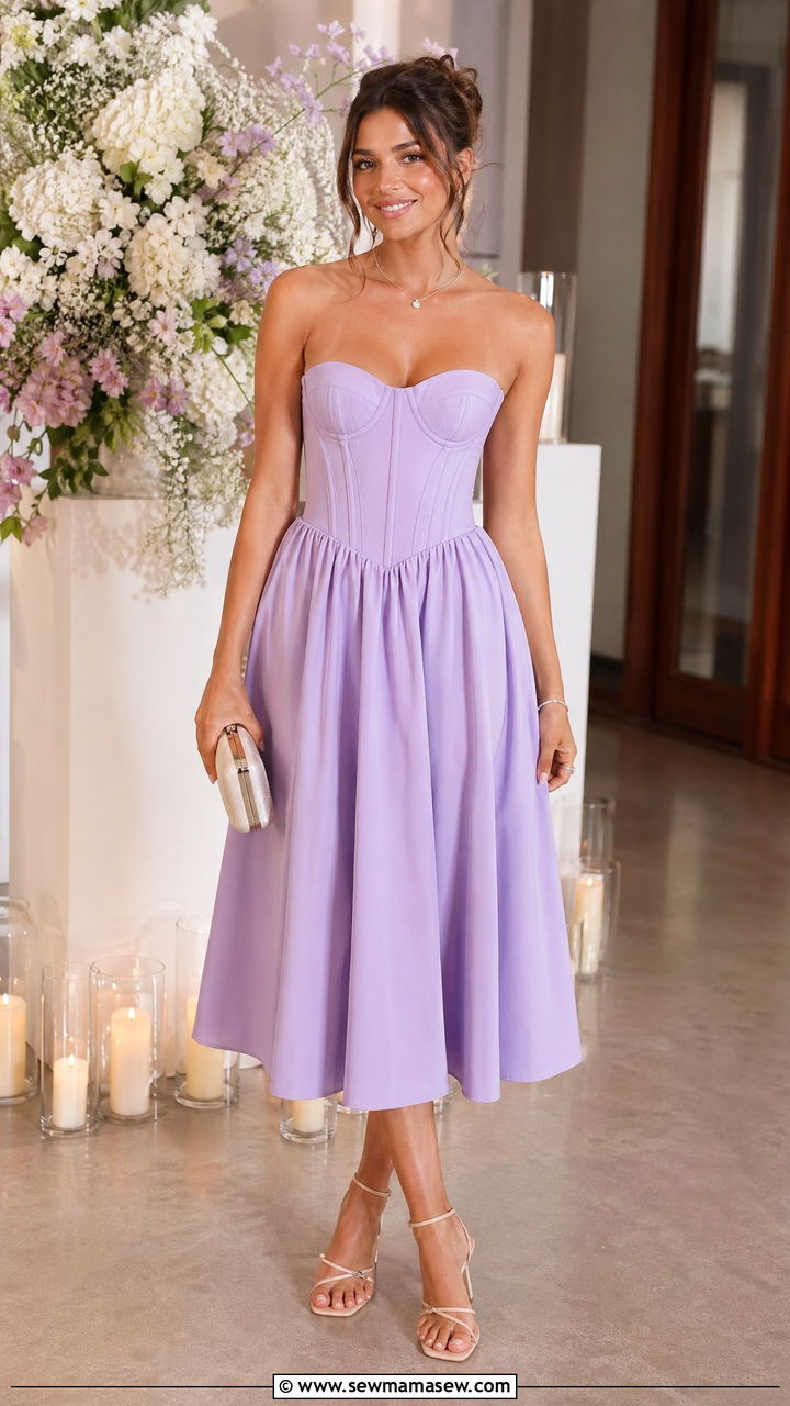 Corset top midi dress with softly gathered skirt - 35 spring engagement party outfit ideas