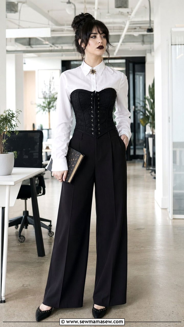Corset top over a crisp white button down shirt - 30 Whimsigoth outfit ideas