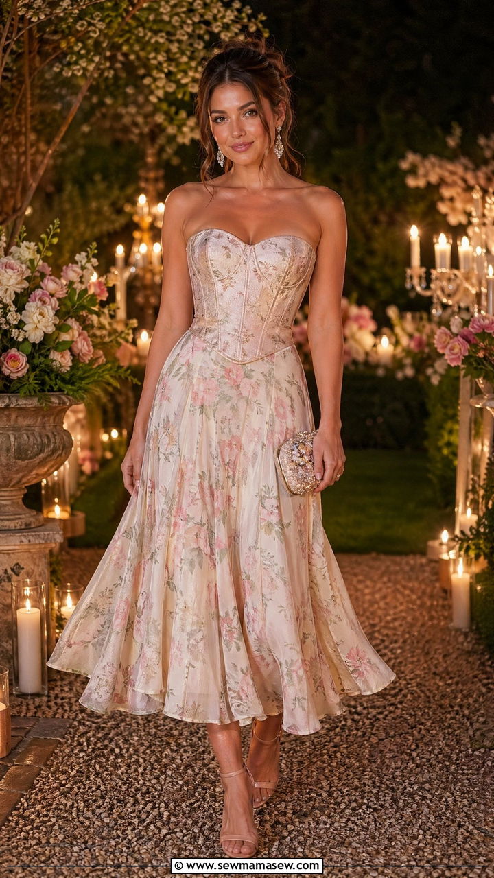 Corset top with a floral midi skirt - 35 spring romantic outfit ideas