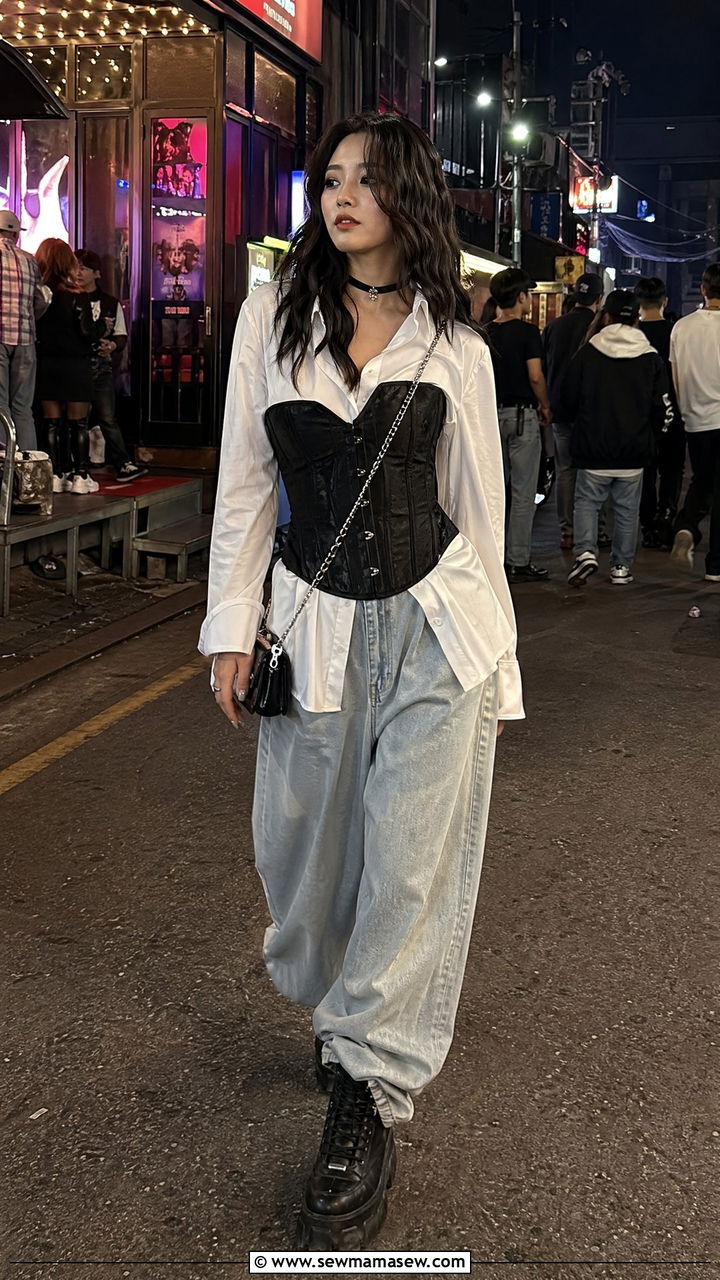 Corset top with baggy jeans and chunky boots - 35 Seoul vacation outfit ideas