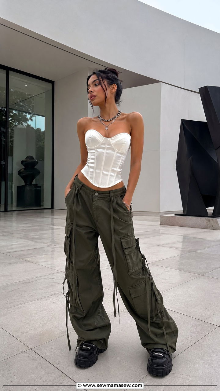 Corset top with oversized cargo pants and platform sneakers - 35 Streetwear spring outfits