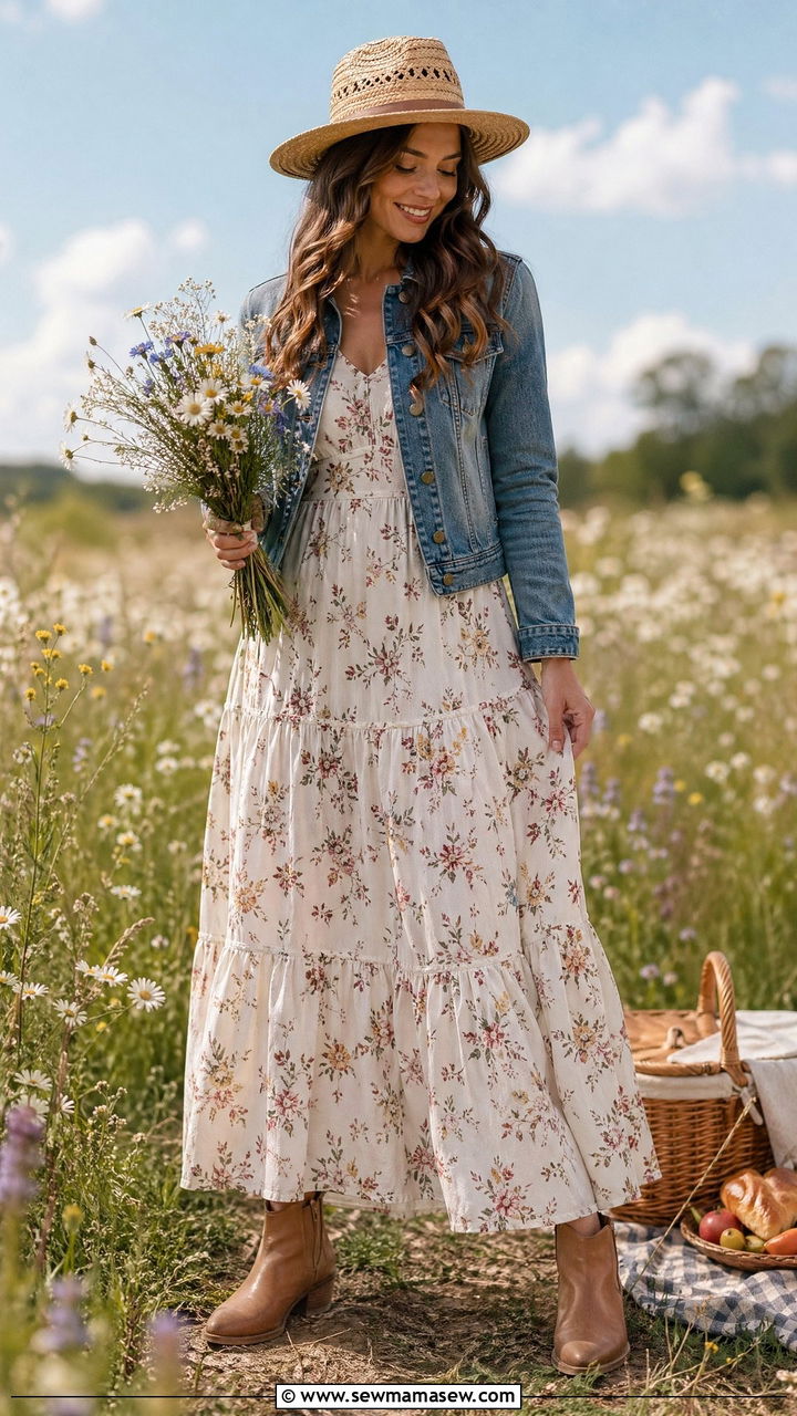Cottagecore Maxi Dress with Ankle Boots - 35 Spring picnic outfit ideas