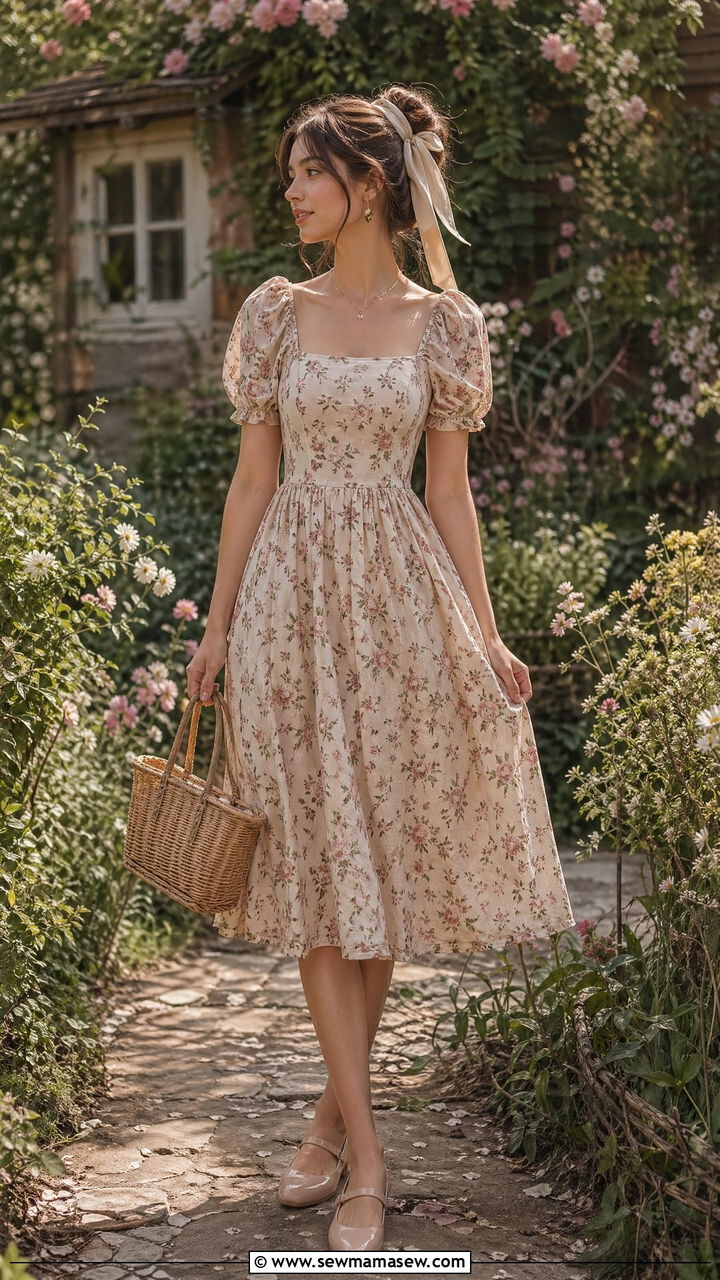 Cottagecore floral dress with Mary Janes - 35 spring romantic outfit ideas
