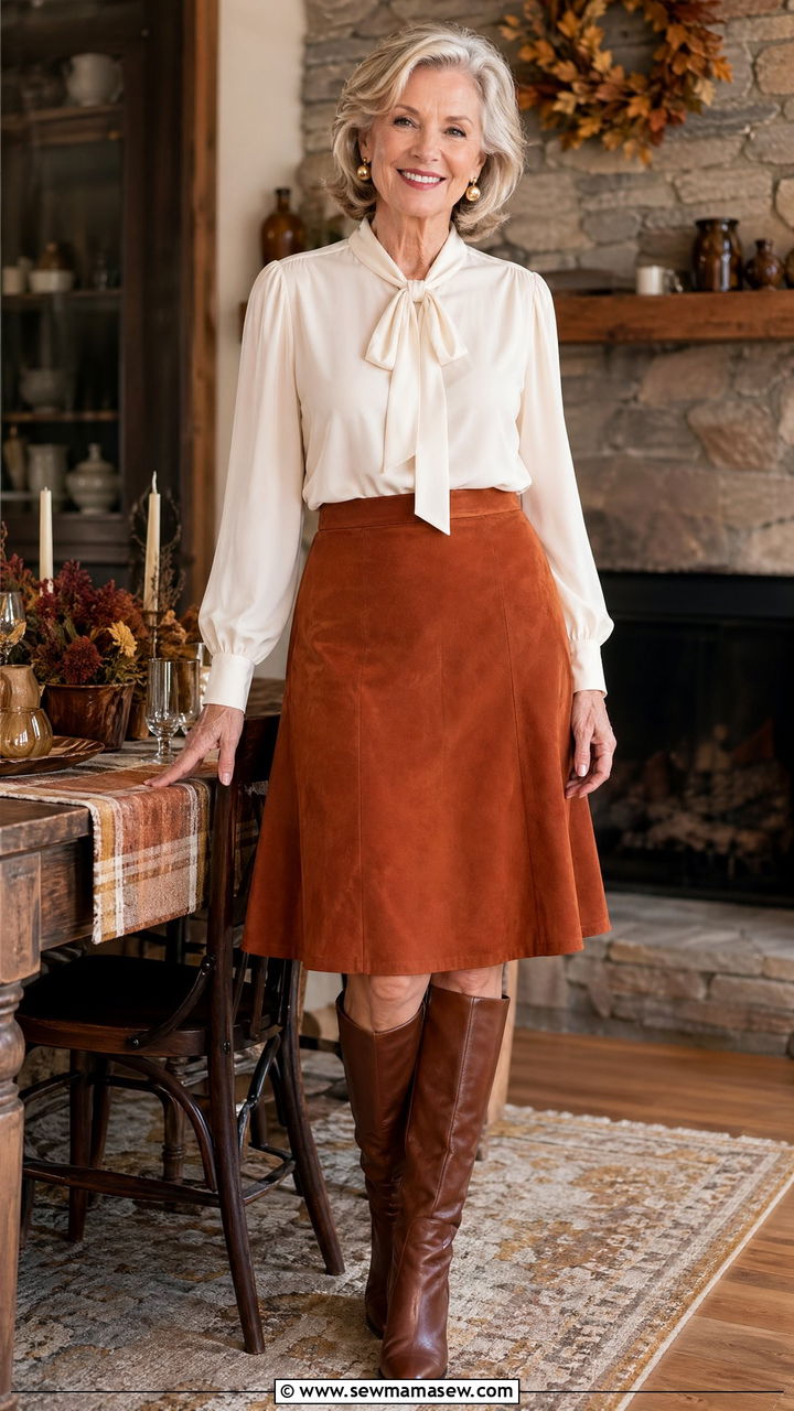 Cotton Blouse With a Rust Colored Suede A Line Skirt - 35 Skirt outfit ideas for women over 60