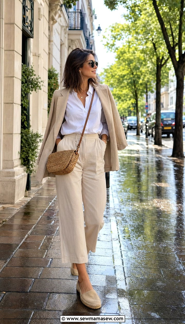 Cotton Button Down with Cropped Trousers and Espadrilles - 35 Rainy summer outfits