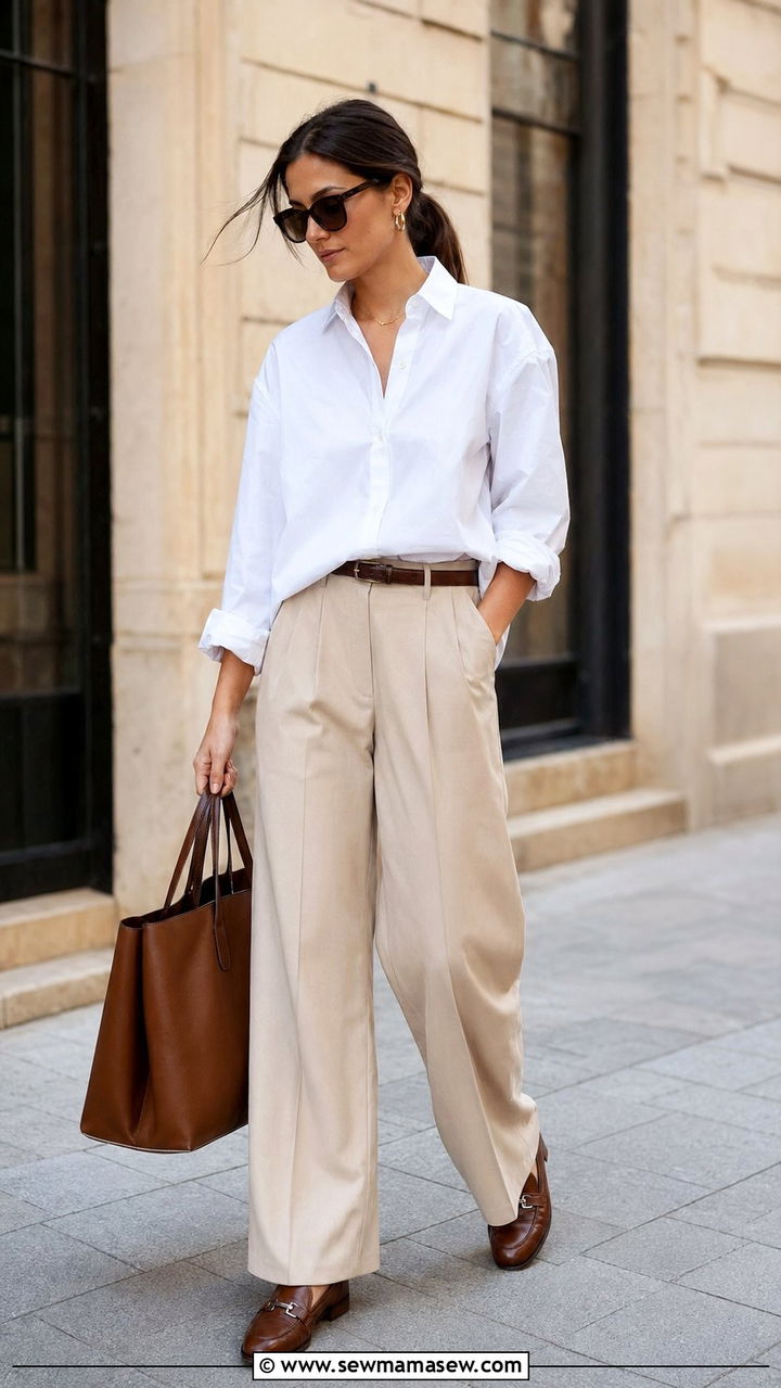 Cotton Button Down with Wide Leg Trousers and Loafers - 30 60 degree weather outfits