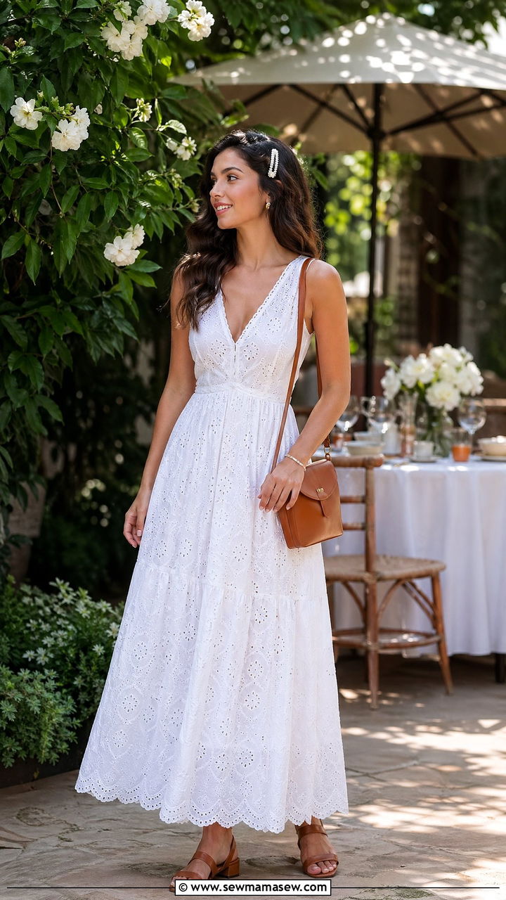 Cotton Eyelet Maxi Dress With Low Heeled Sandals Summer Outfit - 35 summer elegant outfit ideas