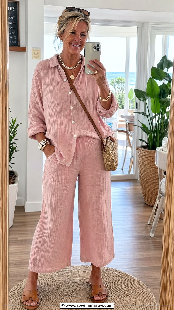 Cotton Gauze Matching Set and Slide Sandals Outfit - 35 Summer capsule wardrobe for women over 50