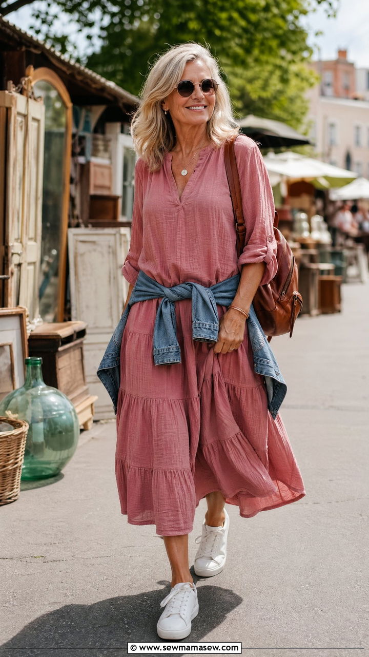 Cotton Gauze Tiered Dress With Sneakers - 35 Vacation outfit ideas for women over 60