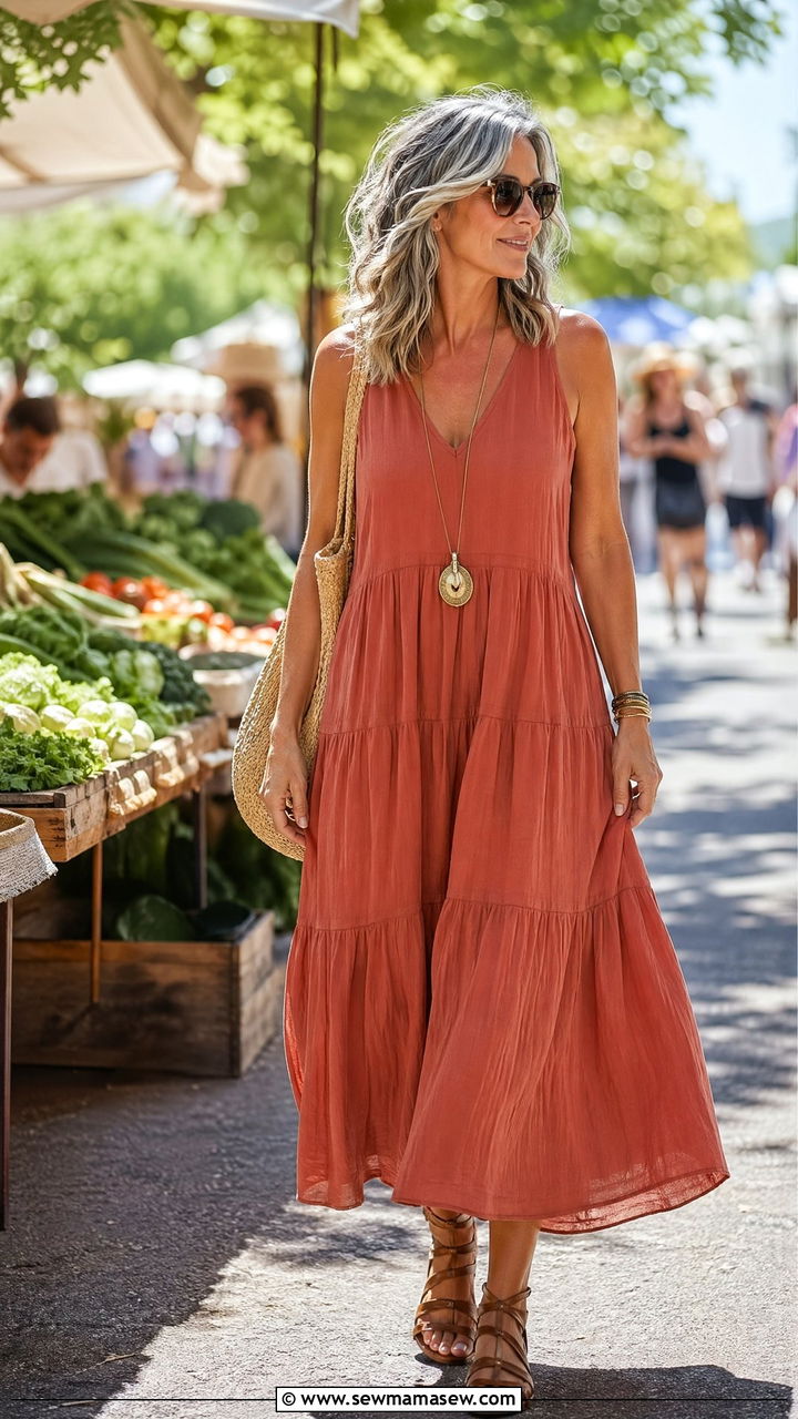Cotton Gauze Tiered Maxi Dress with Flat Gladiator Sandals - 35 summer outfit ideas for women over 50