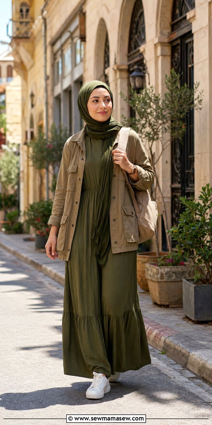 Cotton Maxi Dress With Utility Jacket And Sneakers - 35 Ramadan outfit ideas for women