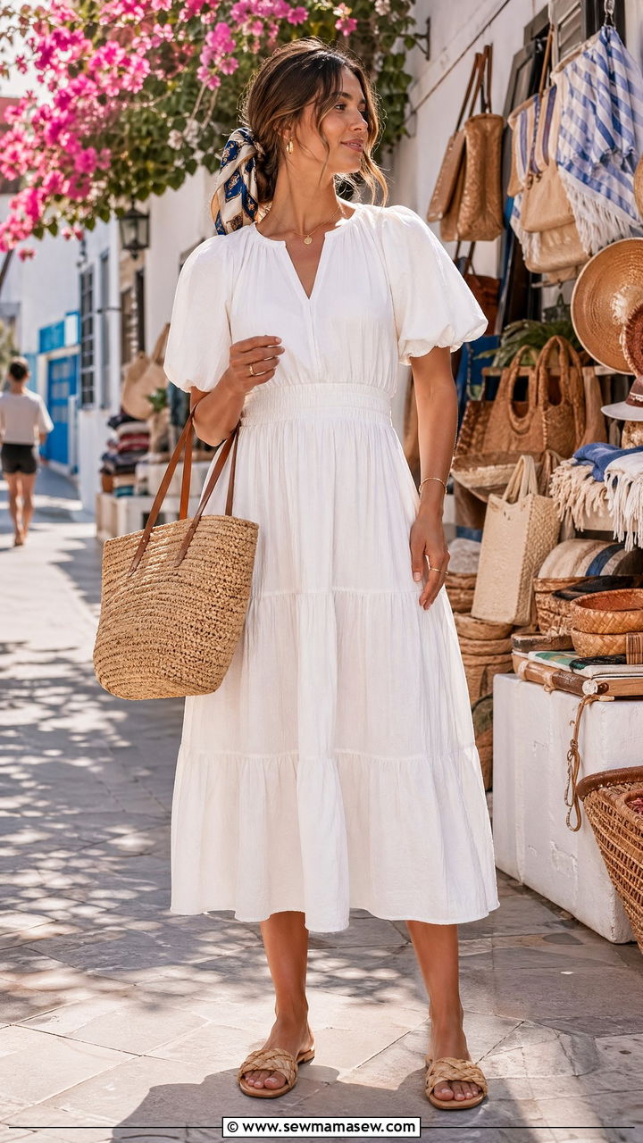 Cotton Midi Dress And Woven Tote Resort Outfit - 35 what to wear on a resort vacation