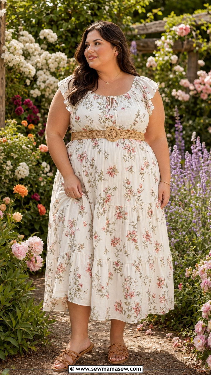 Cotton Midi Dress With A Straw Belt - 35 Postpartum outfit ideas plus size
