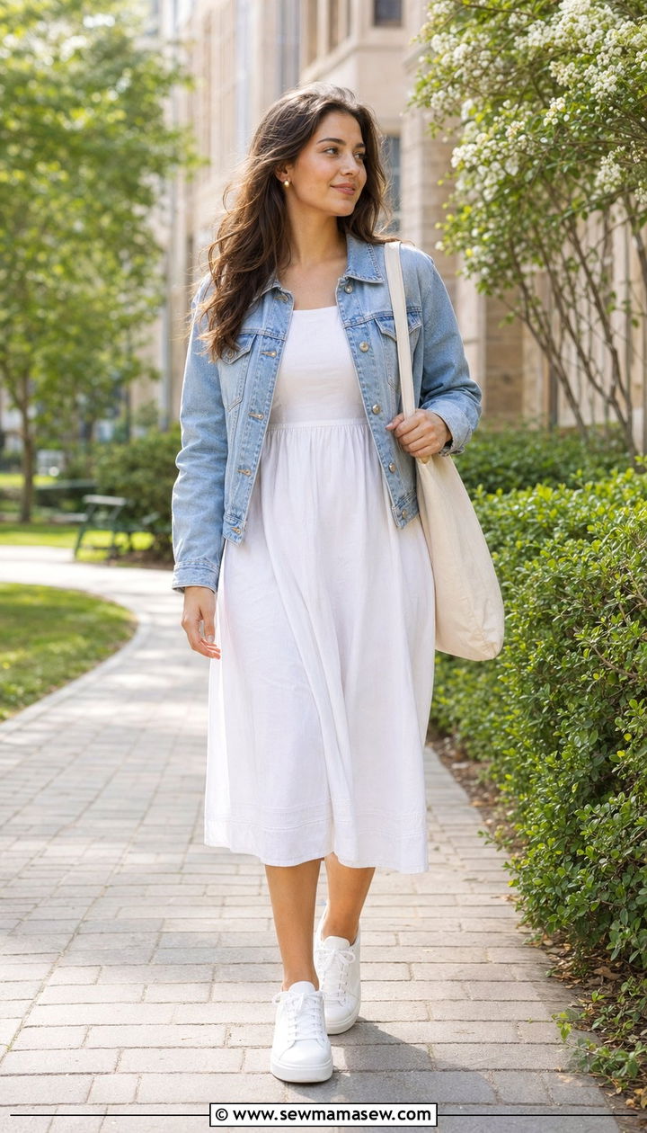 Cotton Midi Dress With Denim Jacket And Sneakers For School - 30 Back to school outfit ideas clean girl 2026