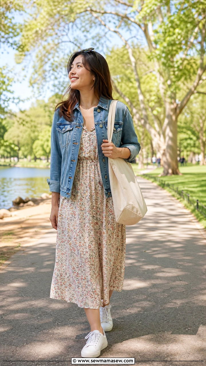 Cotton Midi Dress with Denim Jacket and Sneakers - 35 travel outfit ideas for women