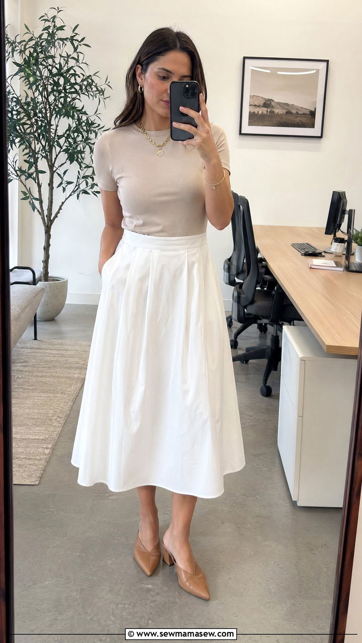 Cotton Poplin A Line Midi Skirt With Tucked In Tee And Mules - 35 summer work outfit ideas