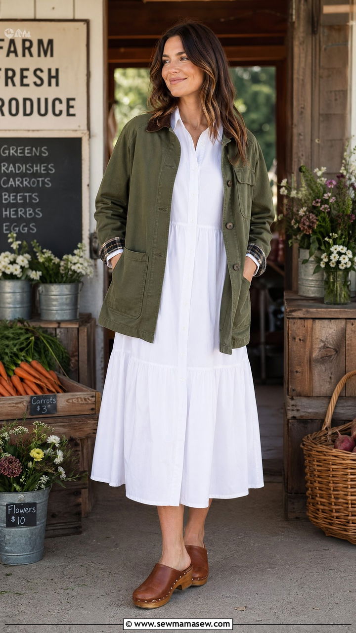 Cotton Poplin Midi Dress With a Barn Jacket and Clogs - 35 Summer to fall transition outfits