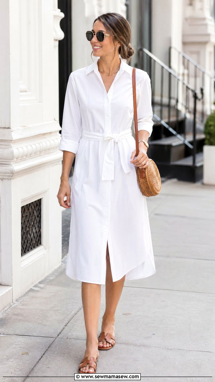Cotton Poplin Shirt Dress With Leather Sandals - 35 summer work outfit ideas