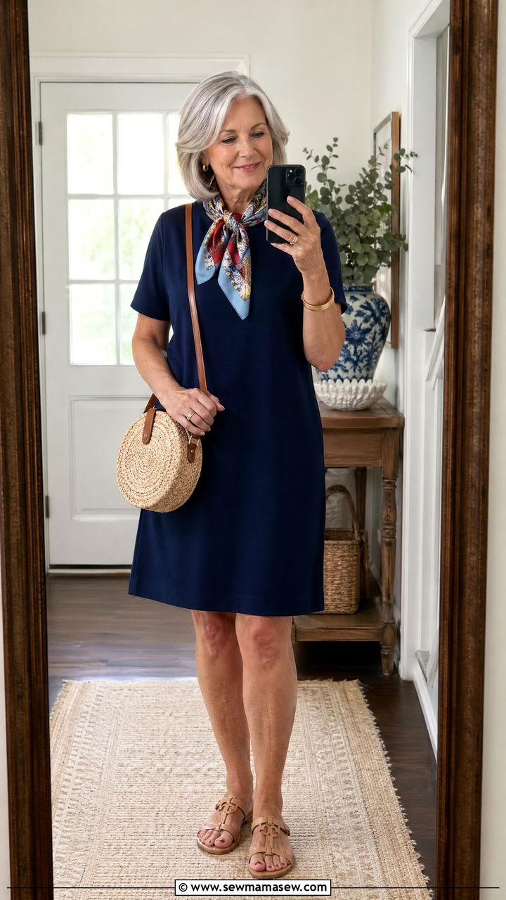 Cotton Shift Dress with a Colorful Scarf - 35 Casual outfits for women over 60