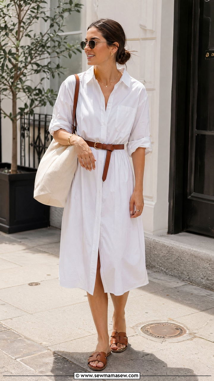 Cotton Shirtdress with Belt and Flat Sandals - 35 classy summer outfit ideas