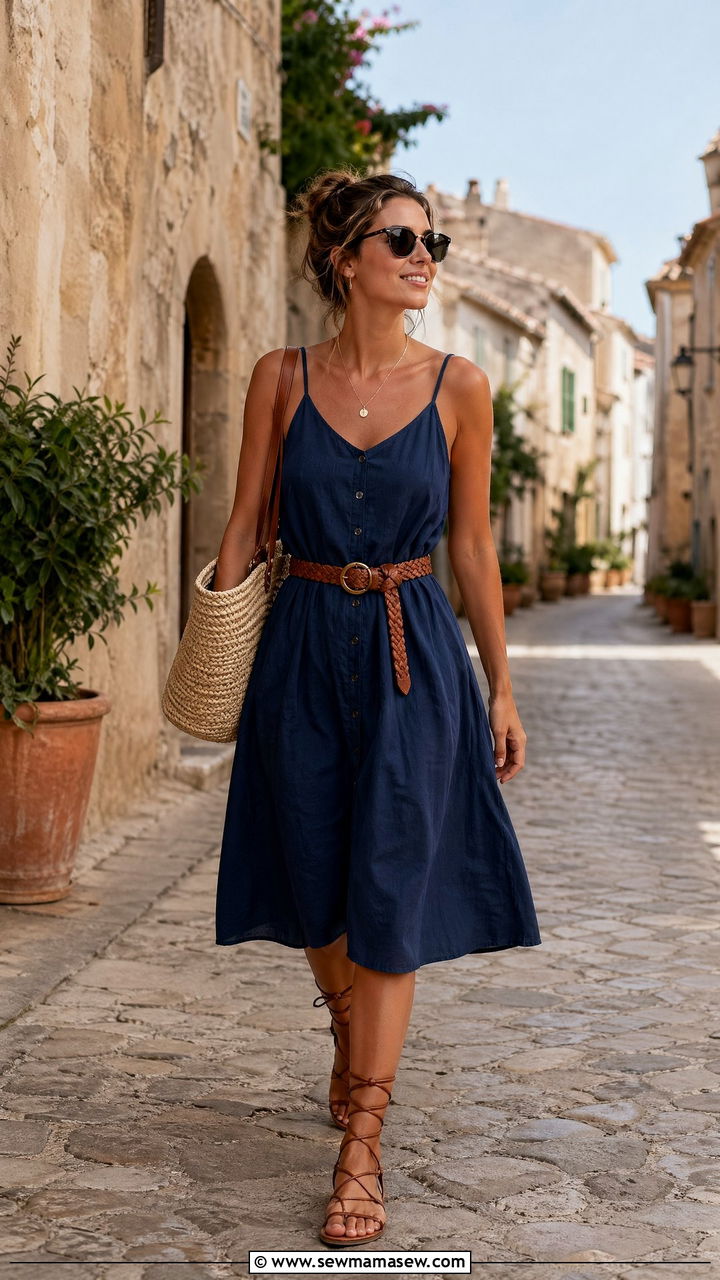 Cotton Sundress With Gladiator Sandals and Braided Leather Belt - 35 summer italy vacation outfit ideas