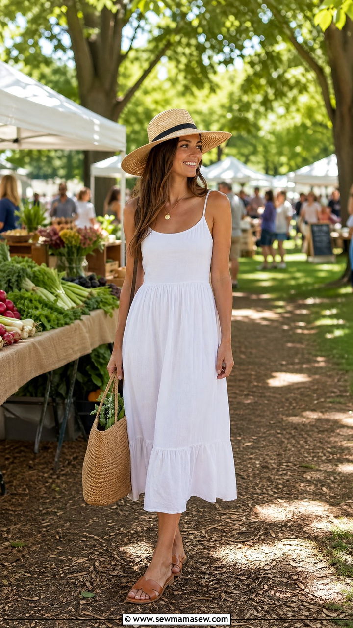Cotton Sundress With Straw Hat And Sandals - 35 summer capsule wardrobe outfit ideas