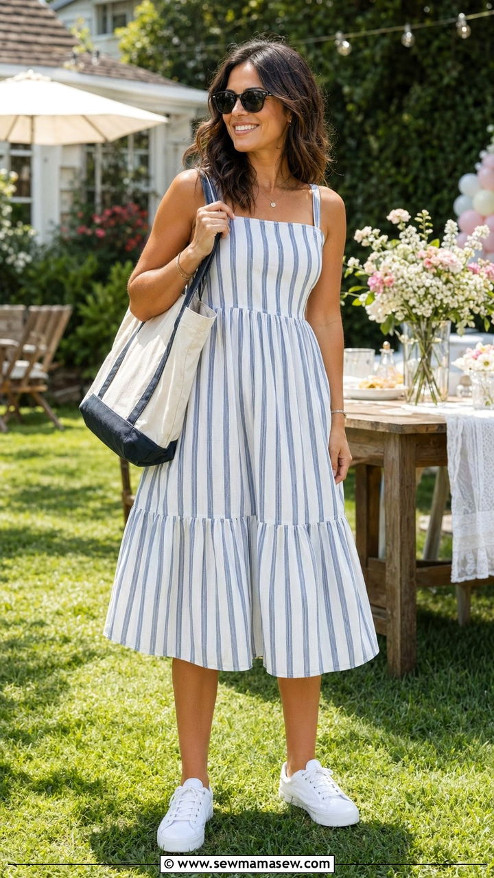 Cotton Sundress with White Sneakers and Tote - 30 what to wear to a baby shower