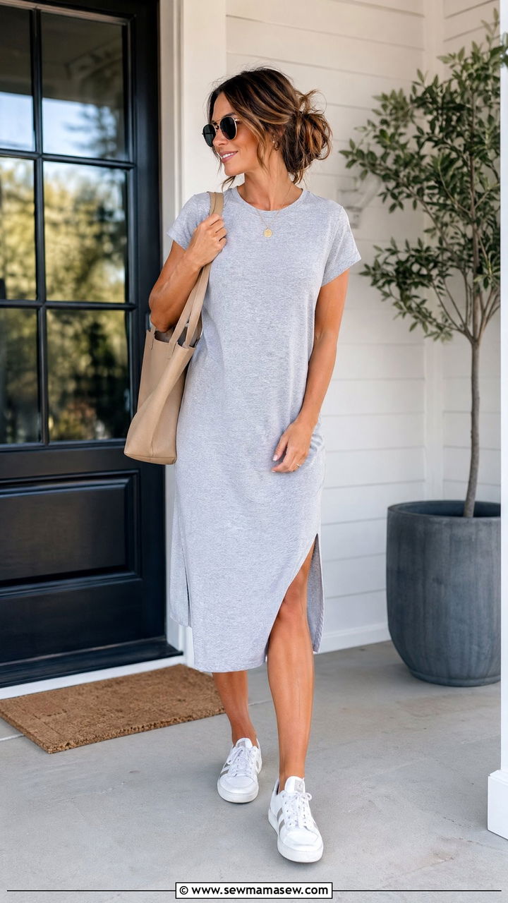 Cotton T Shirt Dress With White Sneakers - 35 Summer outfits for stay at home moms