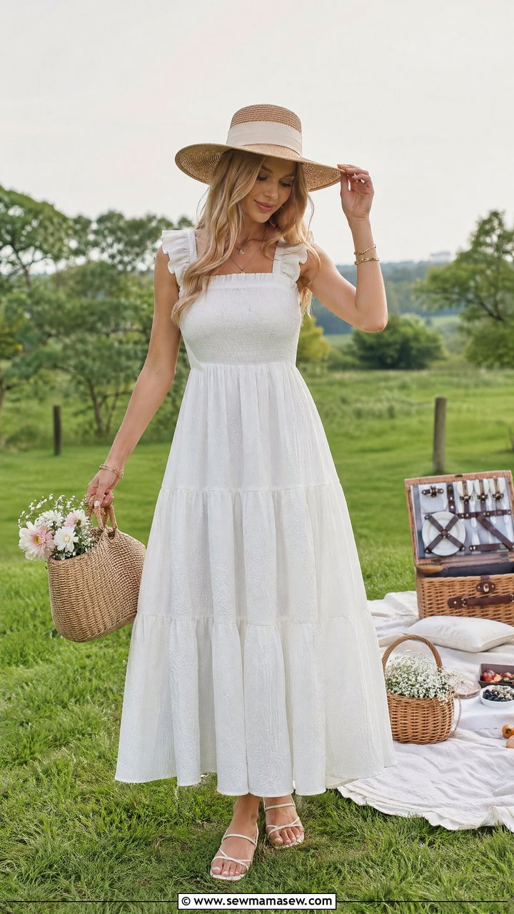Cotton Tiered Maxi Dress With Straw Hat - 35 spring soft girl outfit ideas