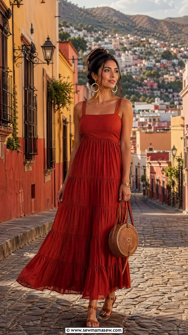 Cotton Tiered Maxi Dress with Gold Hoops Summer Mexico Outfit - 35 Summer Mexico outfit ideas