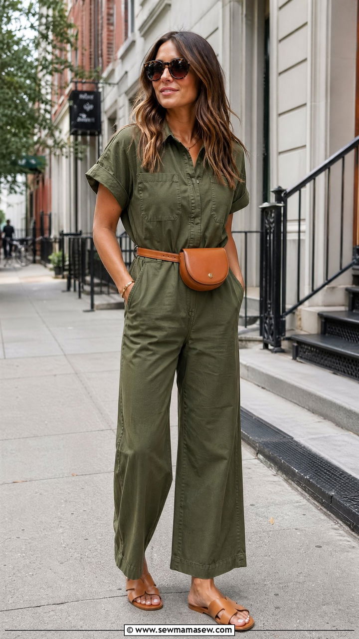 Cotton Twill Jumpsuit with Slide Sandals - 35 Summer transition outfits for women