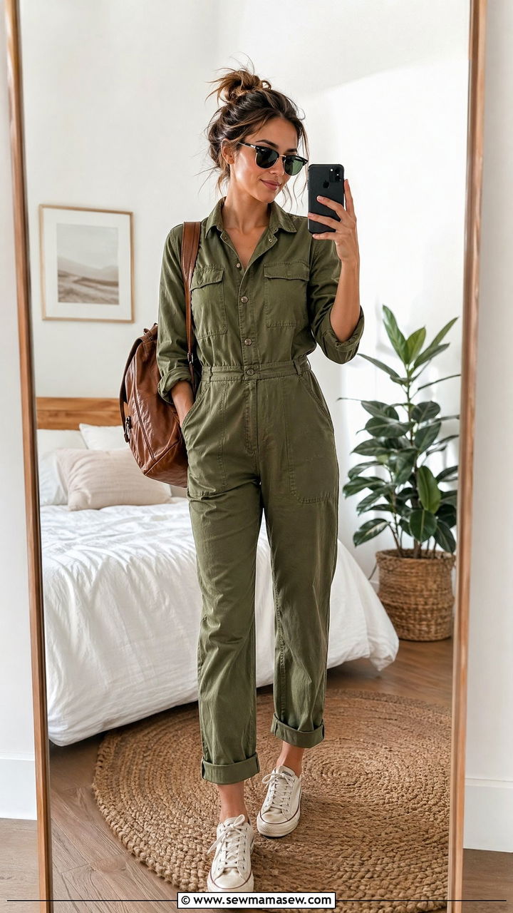 Cotton Utility Jumpsuit With Canvas Sneakers - 35 comfortable outfit ideas for women