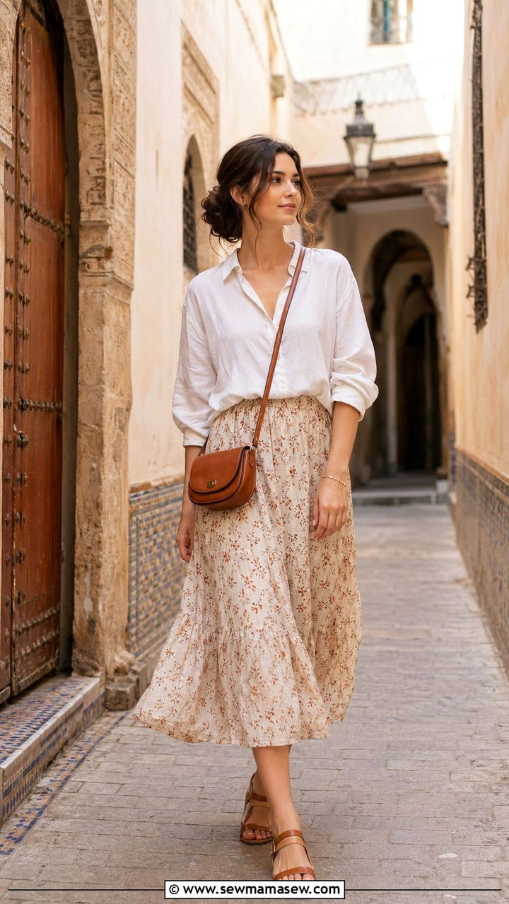 Cotton blouse and midi skirt with leather crossbody bag - 35 Morocco vacation outfit ideas