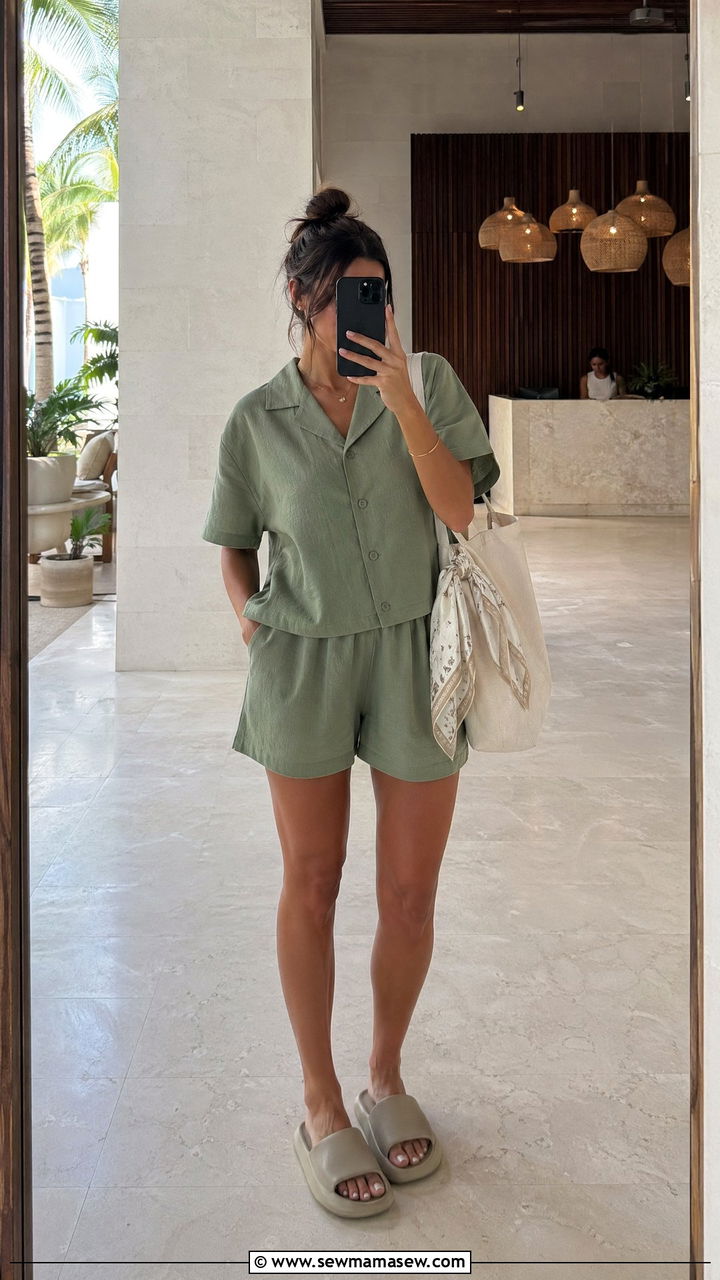 Cotton co ord shorts set with slides outfit - 35 summer comfy outfit ideas