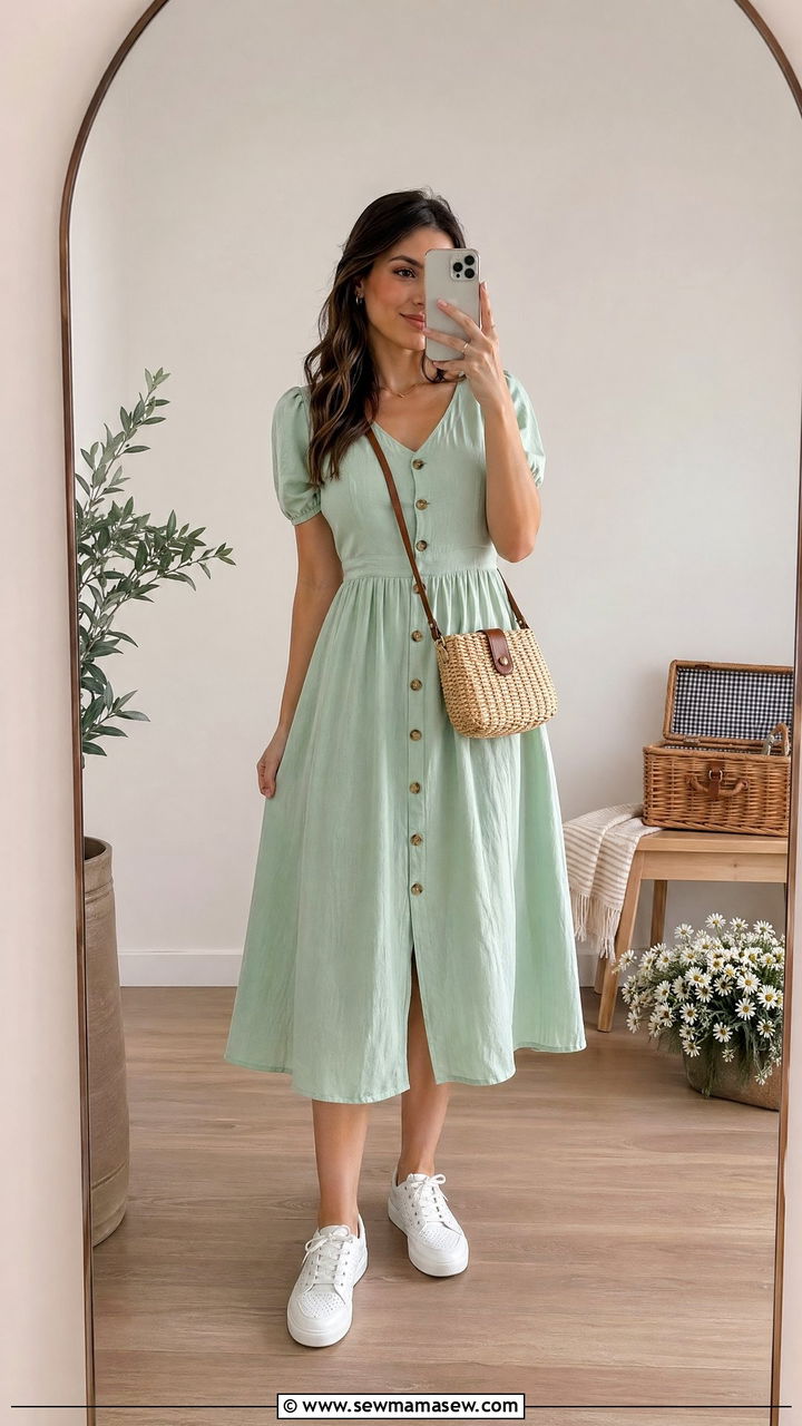 Cotton midi dress with front button placket - 35 spring outfits for new moms