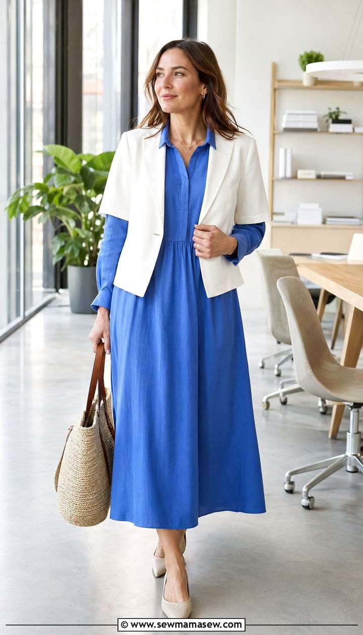 Cotton midi dress with short sleeve jacket and flats - 35 Modest outfit ideas for office
