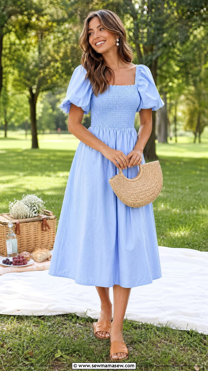 Cotton poplin midi dress with slide sandals - 35 Summer outfits for women in their 30s